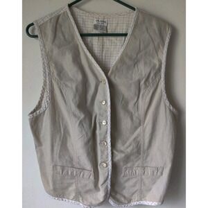 Solutions New York Vest Womens Large Beige/Cream Plaid Button Front Cinch‎ Strap